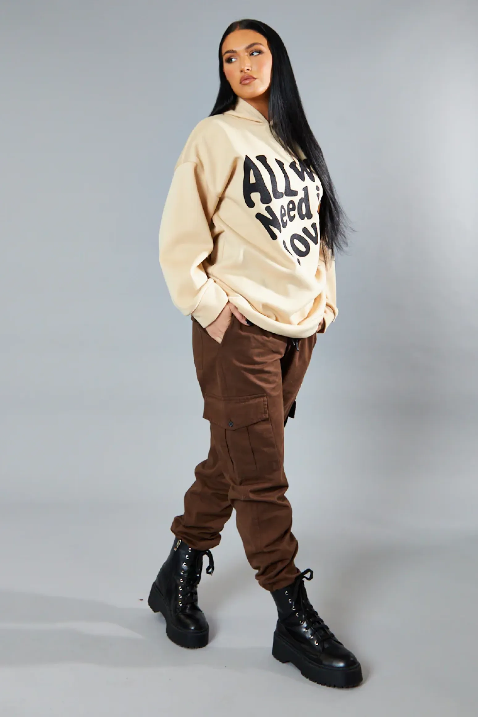 Rebellious Fashion Beige Oversized Slogan Hoodie - Sora