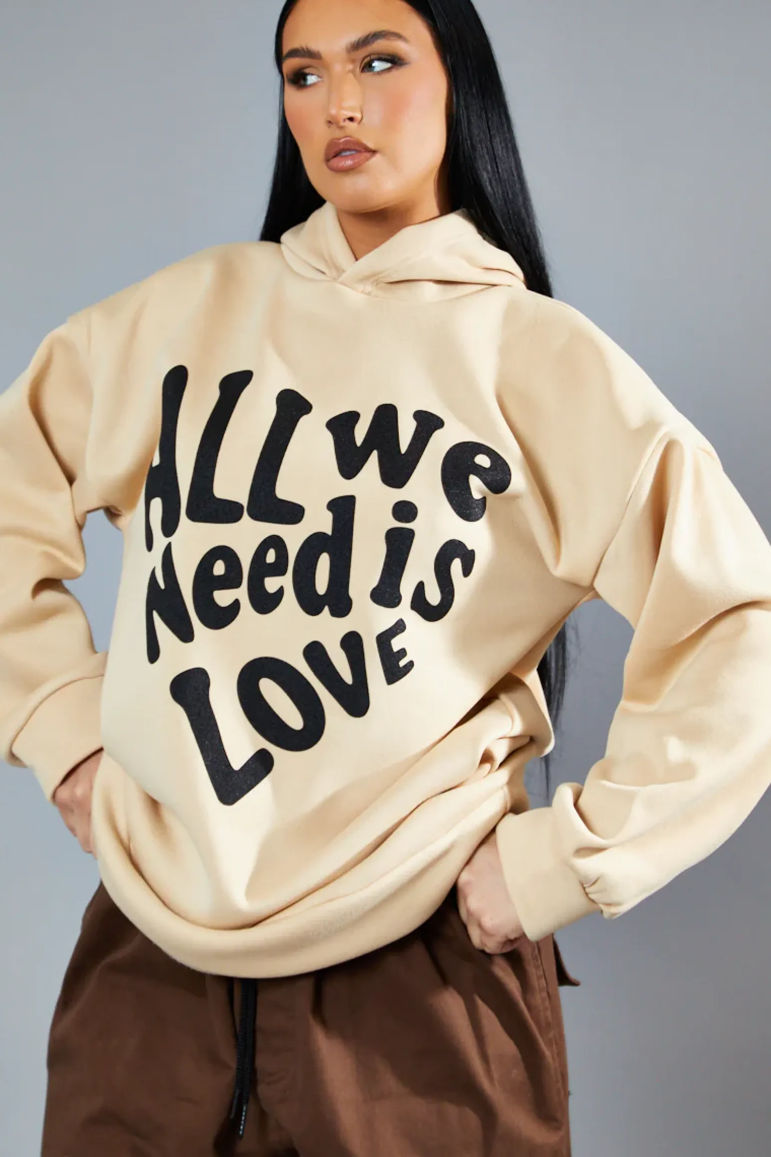 Rebellious Fashion Beige Oversized Slogan Hoodie - Sora