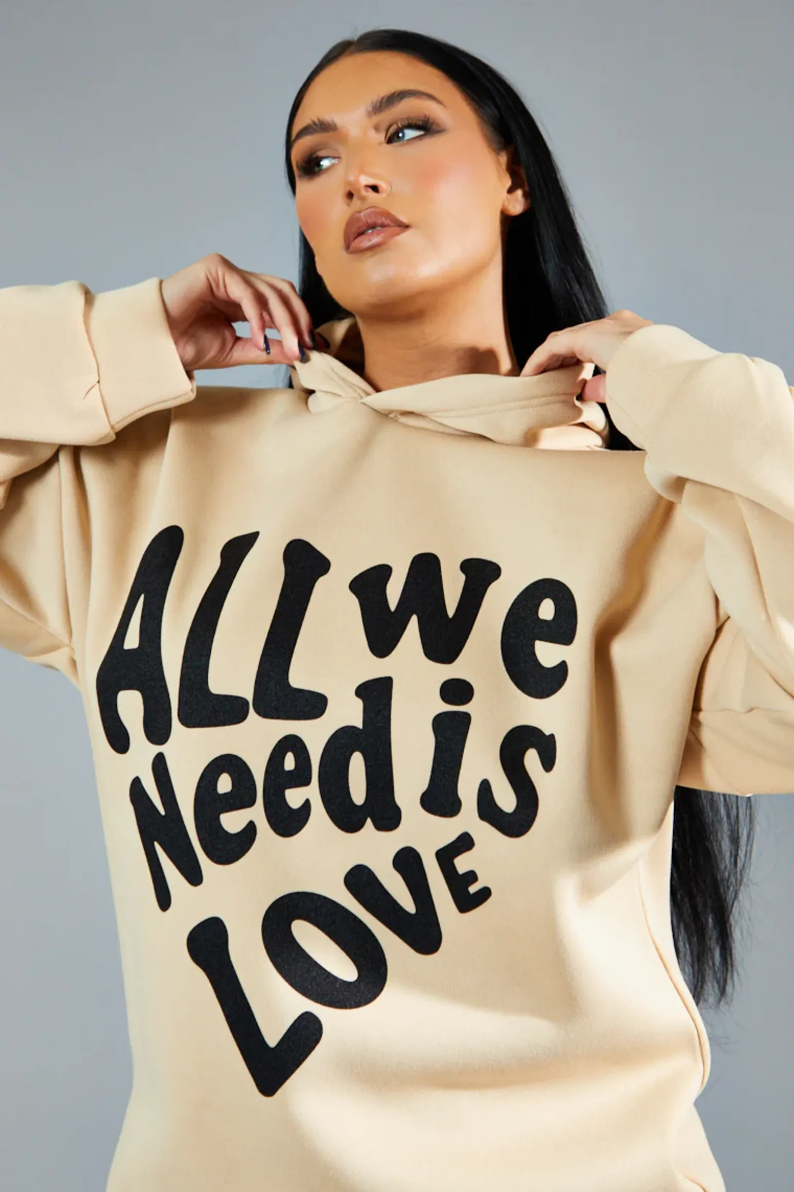Rebellious Fashion Beige Oversized Slogan Hoodie - Sora