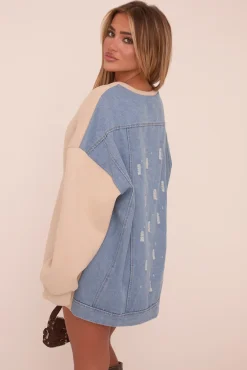 Rebellious Fashion Beige Oversized Sweatshirt Dress - Claudia