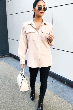 Rebellious Fashion Beige Oversized Utility Pocket Corduroy Shirt - Aaliah