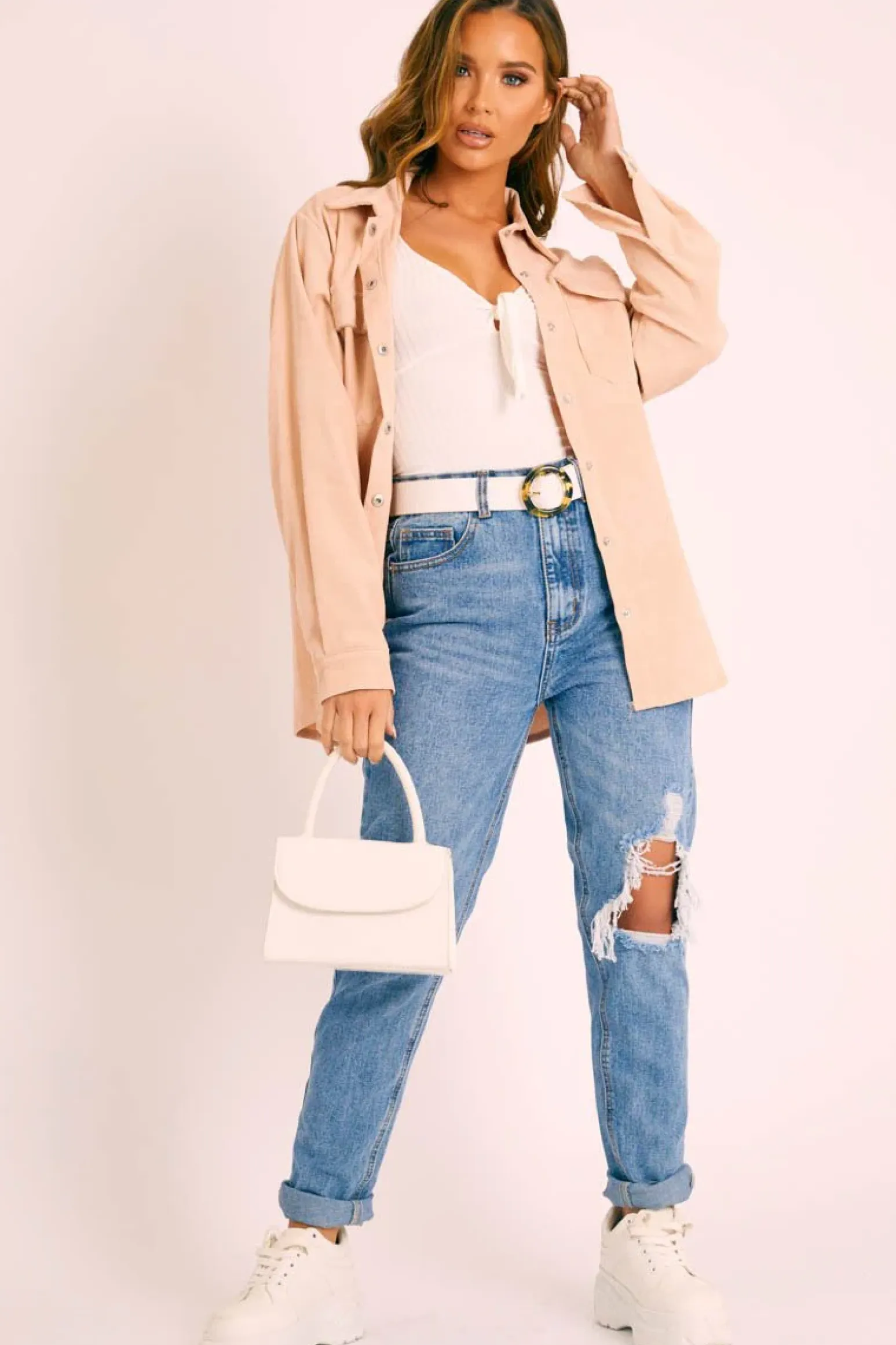 Rebellious Fashion Beige Oversized Utility Pocket Corduroy Shirt - Aaliah