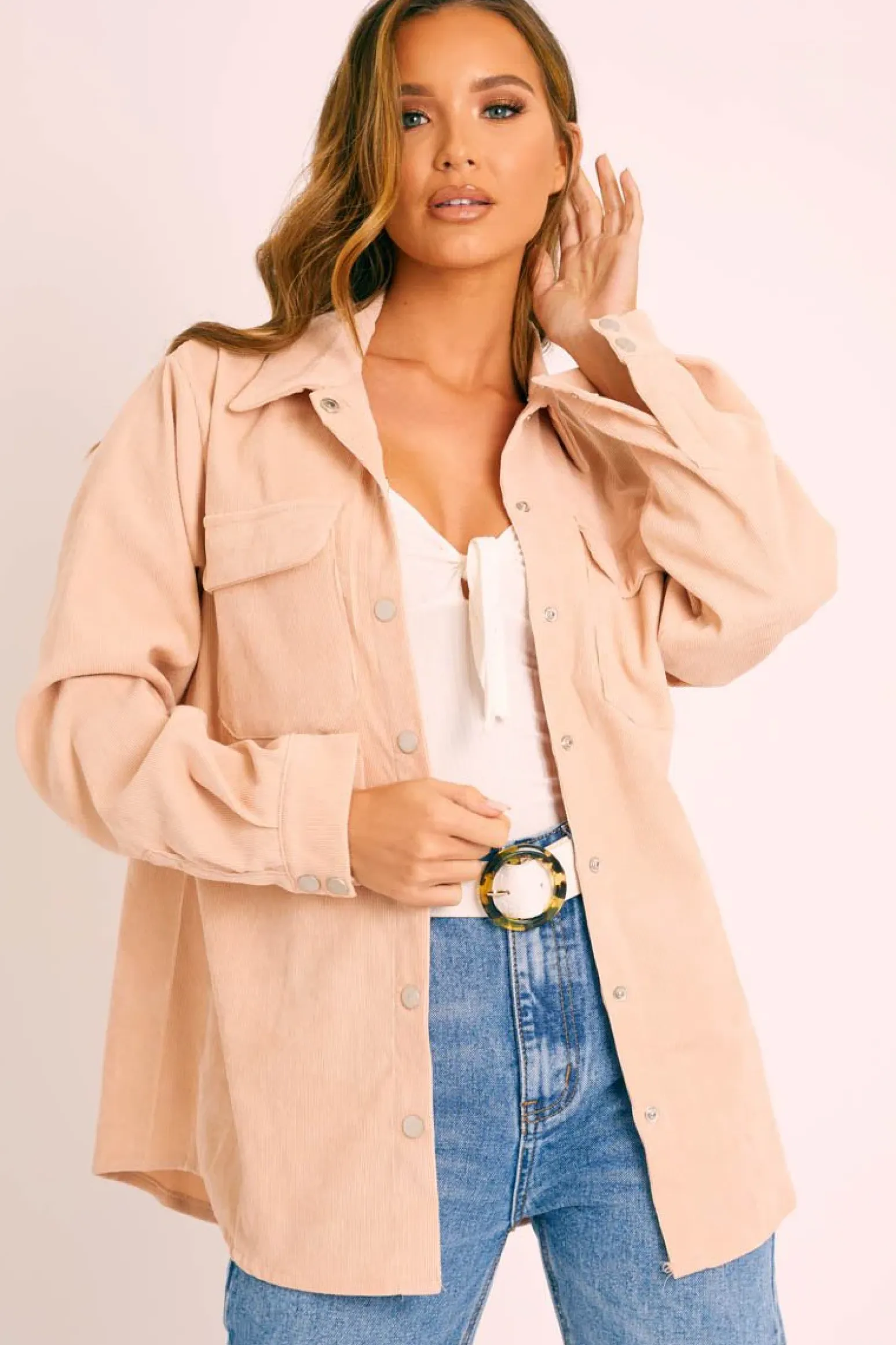Rebellious Fashion Beige Oversized Utility Pocket Corduroy Shirt - Aaliah
