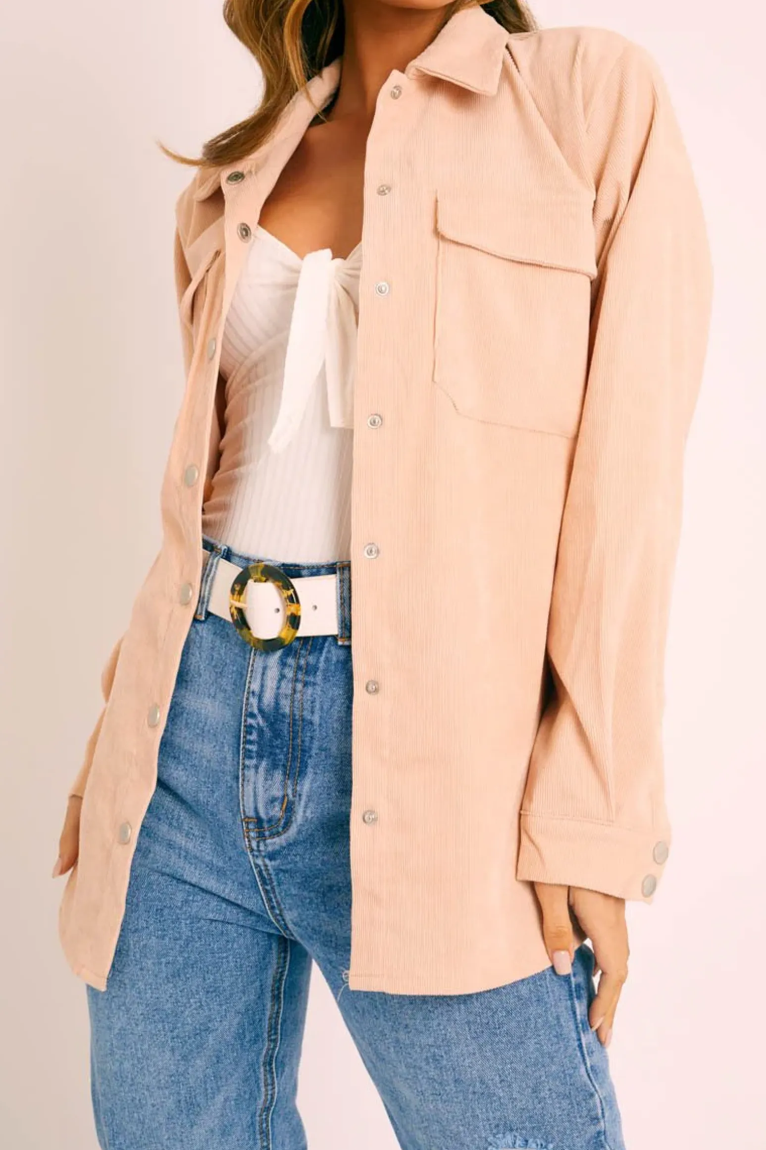 Rebellious Fashion Beige Oversized Utility Pocket Corduroy Shirt - Aaliah
