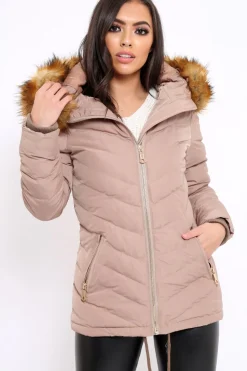 Rebellious Fashion Beige Padded Coat With Faux Fur Trim Hood - Jocelyn