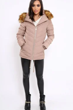 Rebellious Fashion Beige Padded Coat With Faux Fur Trim Hood - Jocelyn