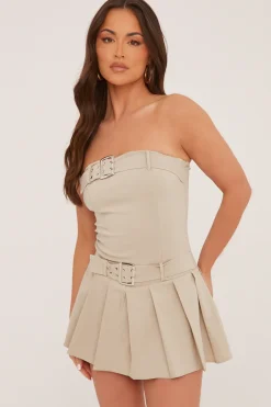 Rebellious Fashion Beige Pleat Detail Self Belt Bandeau Playsuit - Paisly