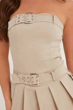 Rebellious Fashion Beige Pleat Detail Self Belt Bandeau Playsuit - Paisly