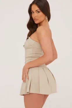 Rebellious Fashion Beige Pleat Detail Self Belt Bandeau Playsuit - Paisly