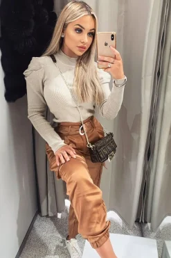 Rebellious Fashion Beige Pleated Shoulder High Neck Jumper - Carmela