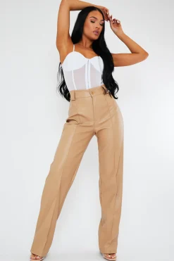 Rebellious Fashion Beige Pleated Straight Leg PU Leather Trousers - Jaymi