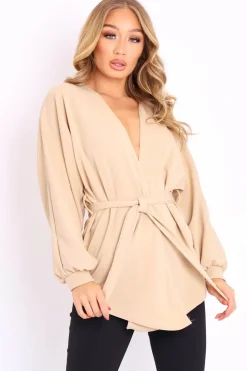 Rebellious Fashion Beige Plunge Belted Blouse - Goldie
