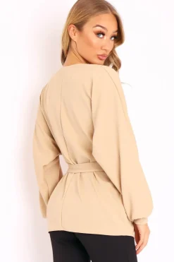 Rebellious Fashion Beige Plunge Belted Blouse - Goldie