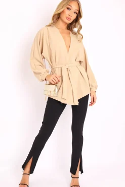Rebellious Fashion Beige Plunge Belted Blouse - Goldie