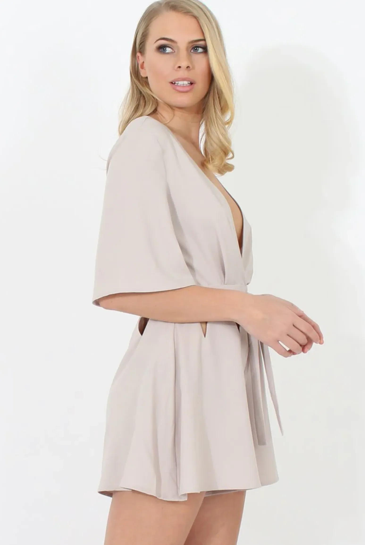 Rebellious Fashion Beige Plunge Cut Out Playsuit - Sally