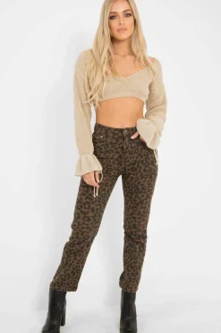 Rebellious Fashion Beige Plunge Sleeve Detail Crop Jumper - Ivree