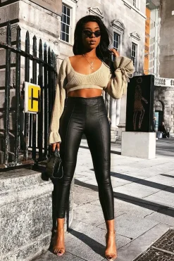 Rebellious Fashion Beige Plunge Sleeve Detail Crop Jumper - Ivree