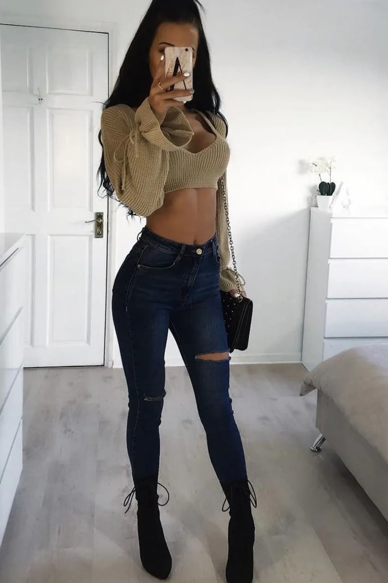 Rebellious Fashion Beige Plunge Sleeve Detail Crop Jumper - Ivree