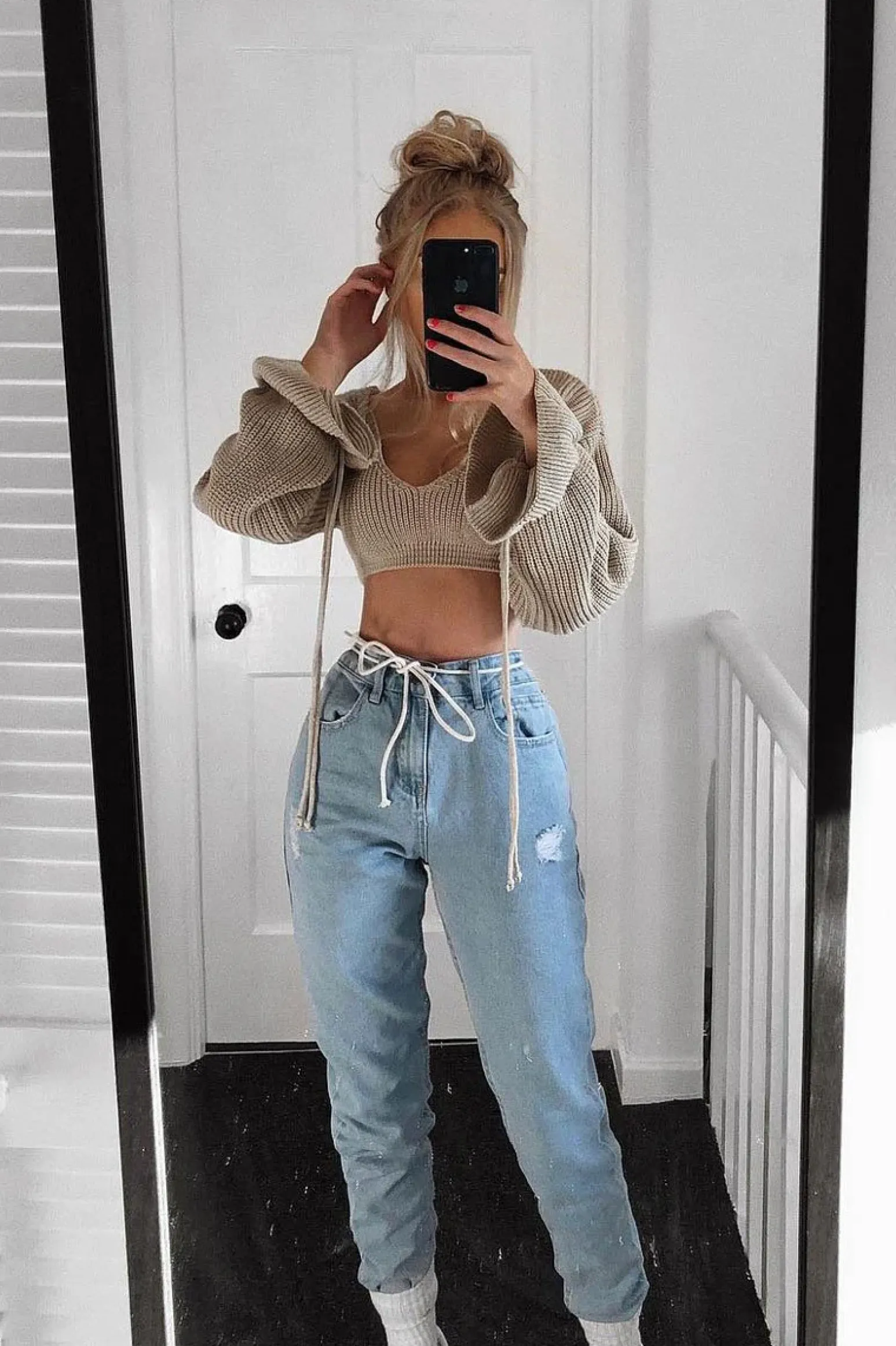 Rebellious Fashion Beige Plunge Sleeve Detail Crop Jumper - Ivree