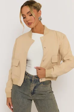 Rebellious Fashion Beige Pocket Detail Bomber Jacket - Estelle