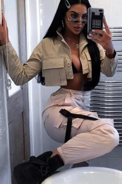 Rebellious Fashion Beige Popper Front Buckle Detail Cargo Trousers - Gabriella