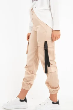 Rebellious Fashion Beige Popper Front Buckle Detail Cargo Trousers - Gabriella