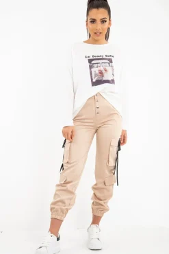 Rebellious Fashion Beige Popper Front Buckle Detail Cargo Trousers - Gabriella