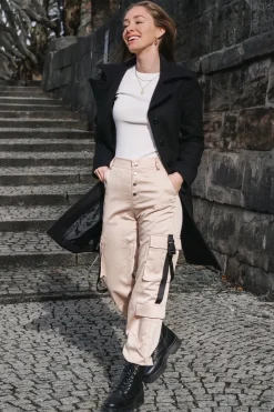 Rebellious Fashion Beige Popper Front Buckle Detail Cargo Trousers - Gabriella
