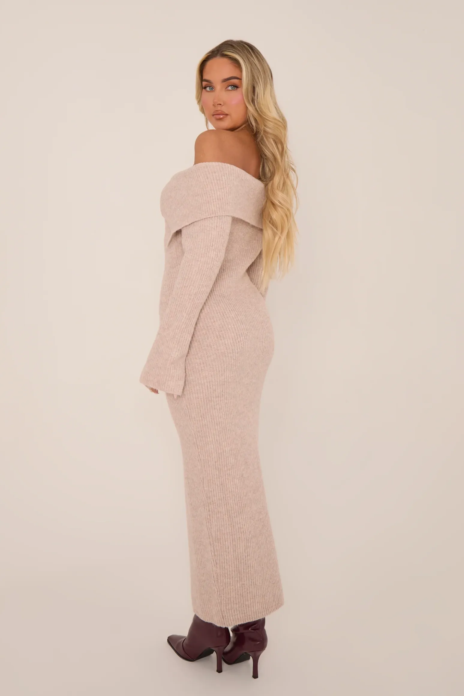 Rebellious Fashion Beige Premium Knit Fold Down Midi Dress - Celia