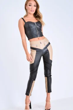 Rebellious Fashion Beige PU Colour Block Trousers - Mammie