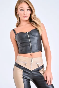 Rebellious Fashion Beige PU Colour Block Trousers - Mammie