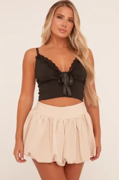 Rebellious Fashion Beige Puffball Detail Waist Band Mini Skirt - Clova