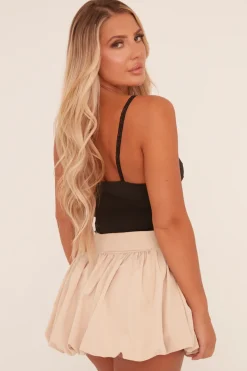 Rebellious Fashion Beige Puffball Detail Waist Band Mini Skirt - Clova