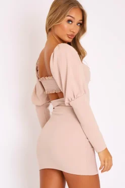 Rebellious Fashion Beige Puff Sleeve Bardot Neckline Milkmaid Mini Dress - Nyomi