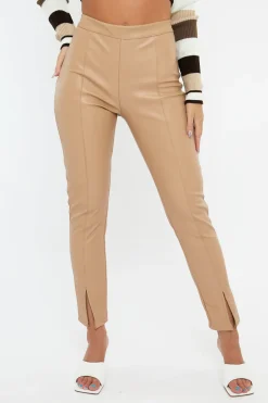 Rebellious Fashion Beige PU Leather Front Slit Trousers - Caro