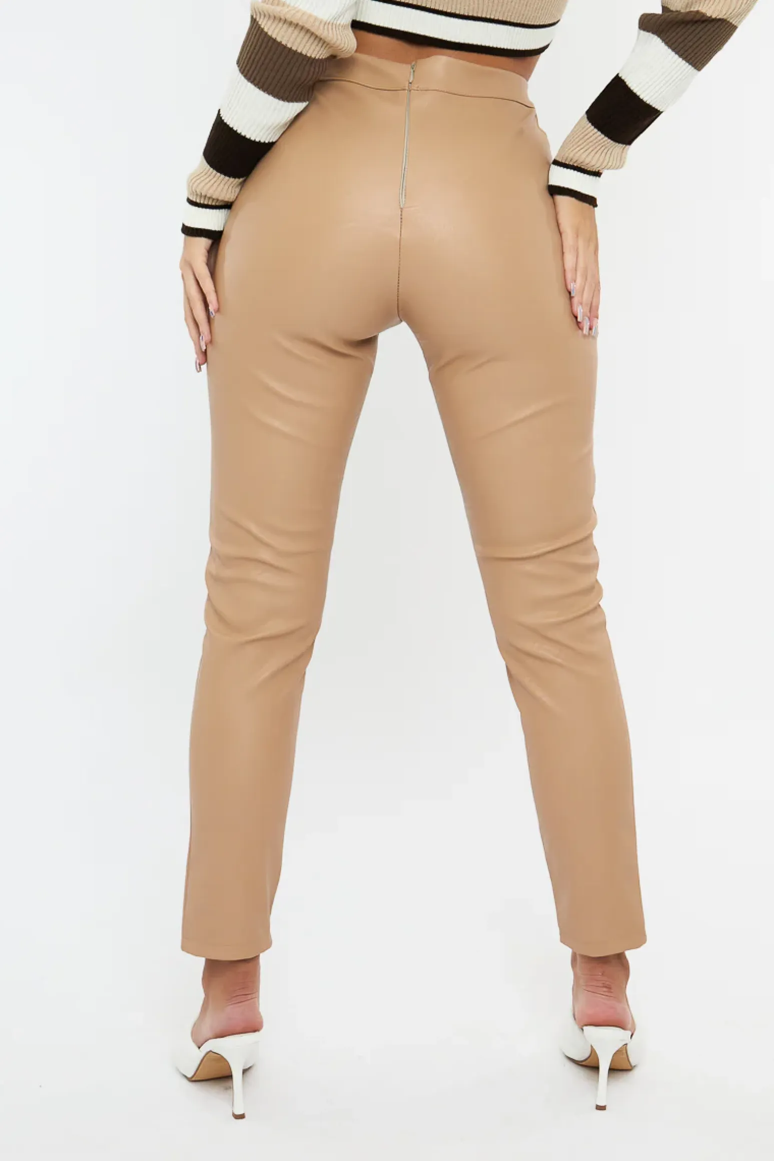 Rebellious Fashion Beige PU Leather Front Slit Trousers - Caro