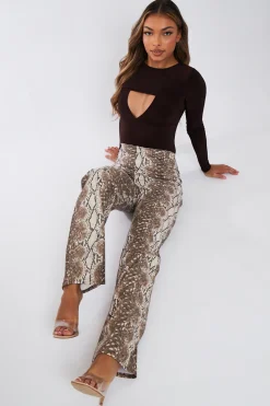 Rebellious Fashion Beige PU Snake Print Leather Straight Leg Trousers - Jodie