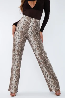 Rebellious Fashion Beige PU Snake Print Leather Straight Leg Trousers - Jodie