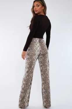 Rebellious Fashion Beige PU Snake Print Leather Straight Leg Trousers - Jodie