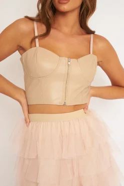 Rebellious Fashion Beige PU Zip Front Bralet - Linsa