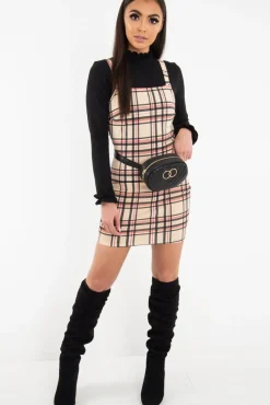 Rebellious Fashion Beige Red Check Square Neck Mini Dress - Kysa