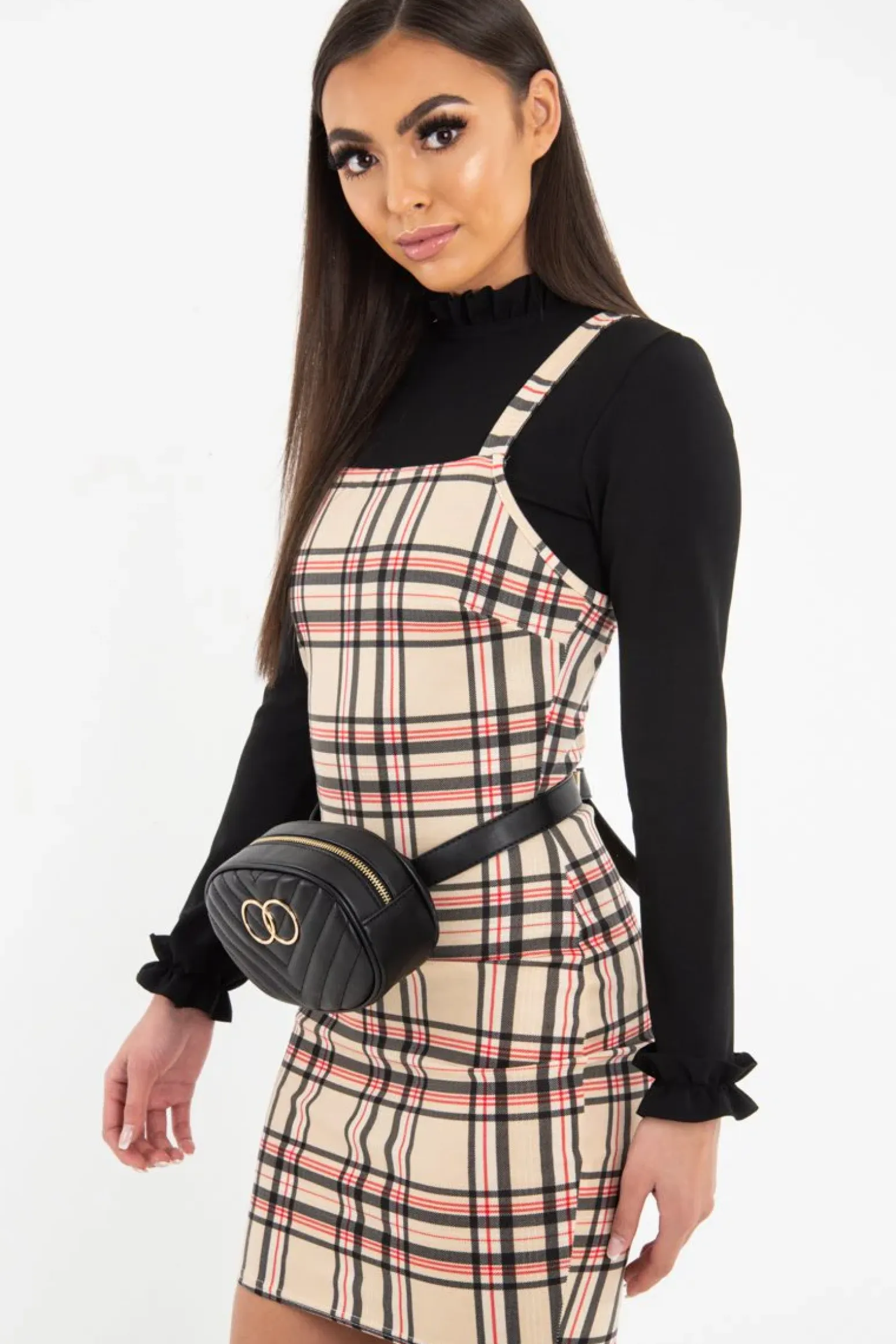 Rebellious Fashion Beige Red Check Square Neck Mini Dress - Kysa