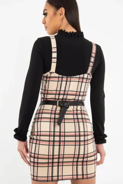 Rebellious Fashion Beige Red Check Square Neck Mini Dress - Kysa