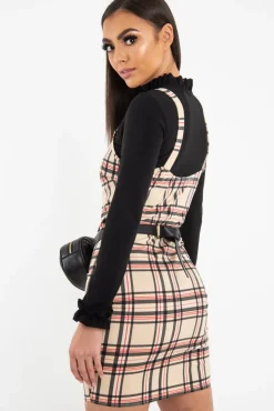 Rebellious Fashion Beige Red Check Square Neck Mini Dress - Kysa