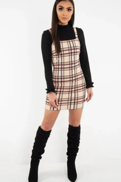 Rebellious Fashion Beige Red Check Square Neck Mini Dress - Kysa