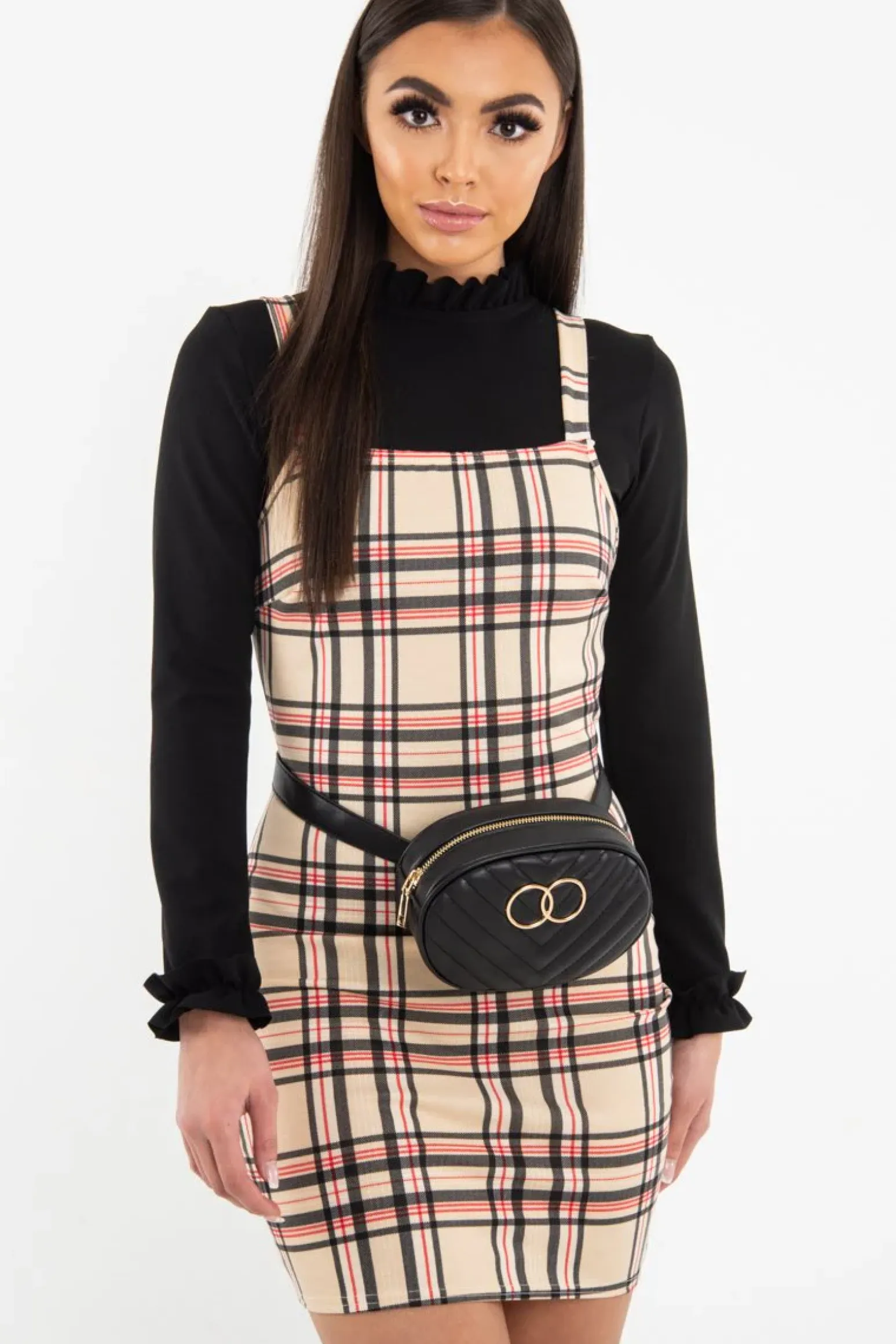 Rebellious Fashion Beige Red Check Square Neck Mini Dress - Kysa