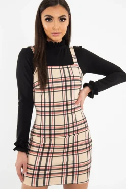Rebellious Fashion Beige Red Check Square Neck Mini Dress - Kysa