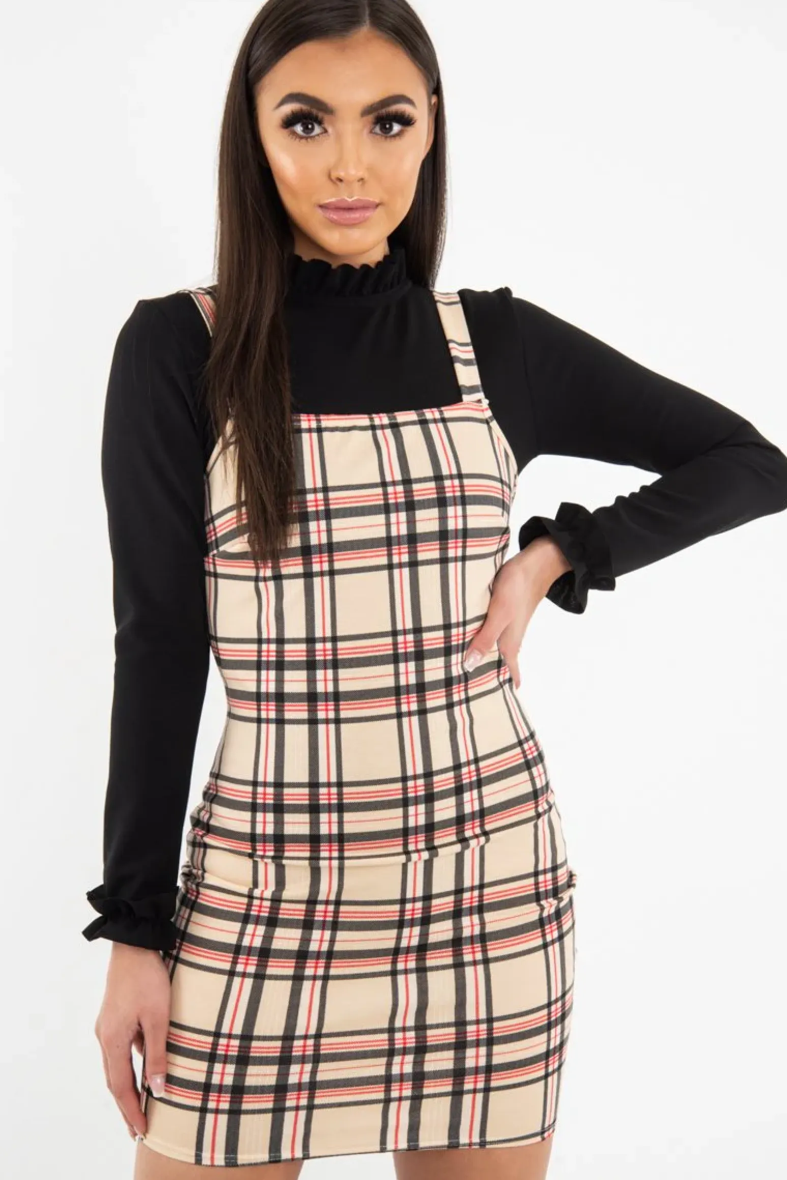 Rebellious Fashion Beige Red Check Square Neck Mini Dress - Kysa