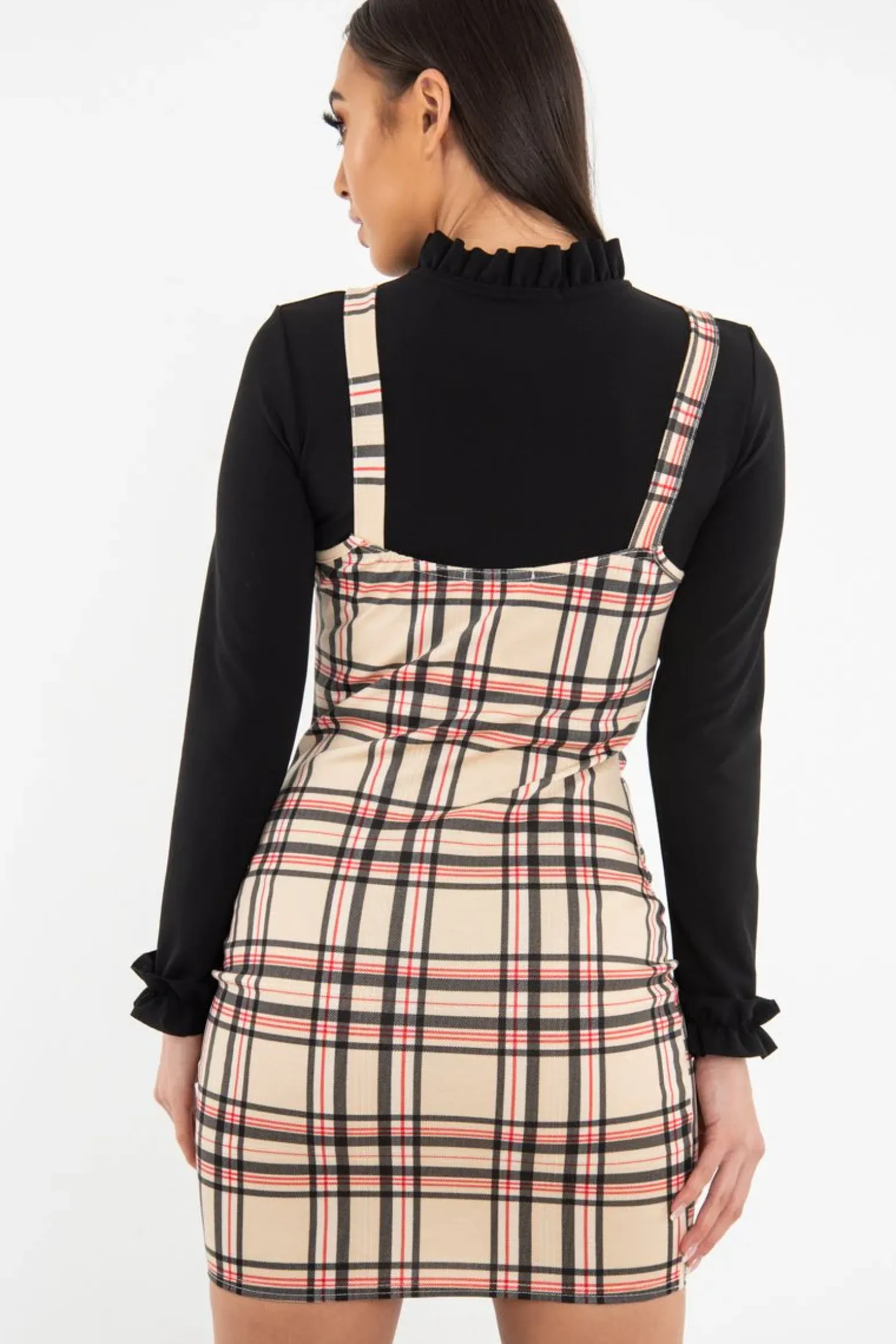 Rebellious Fashion Beige Red Check Square Neck Mini Dress - Kysa