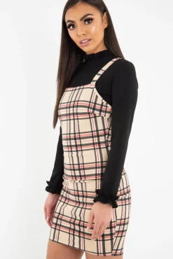 Rebellious Fashion Beige Red Check Square Neck Mini Dress - Kysa